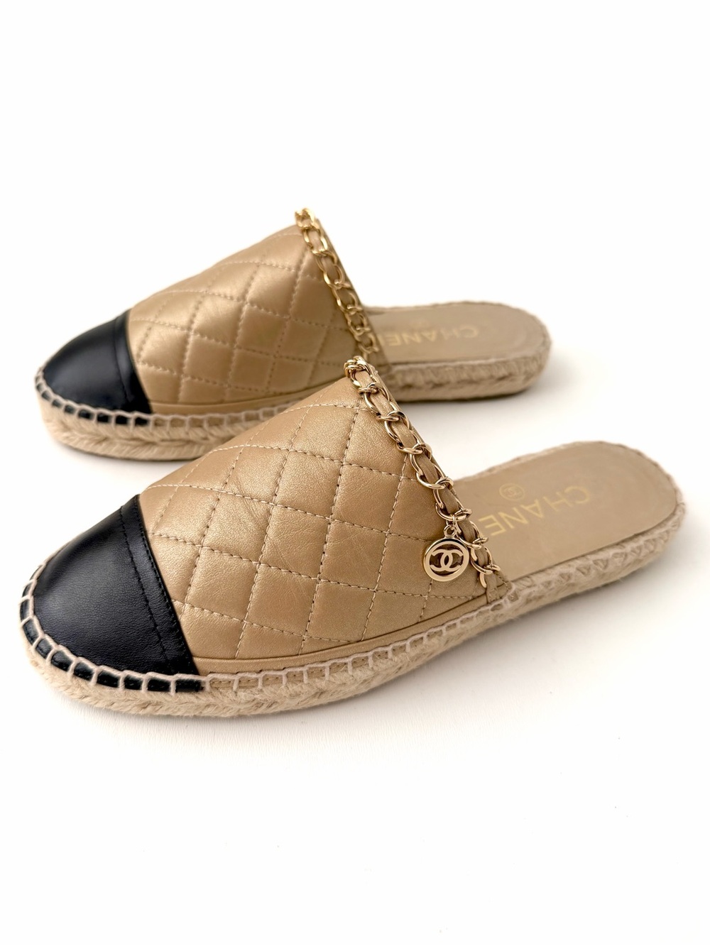 CHANEL | Quilted Espadrille Mules Beige Black Cap Toe Chain CC Logo Charm EU 36